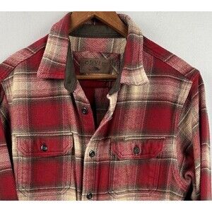 Orvis Men’s Medium Shacket Long Sleeve Shirt Red Beige Pocket Button Up Heavy